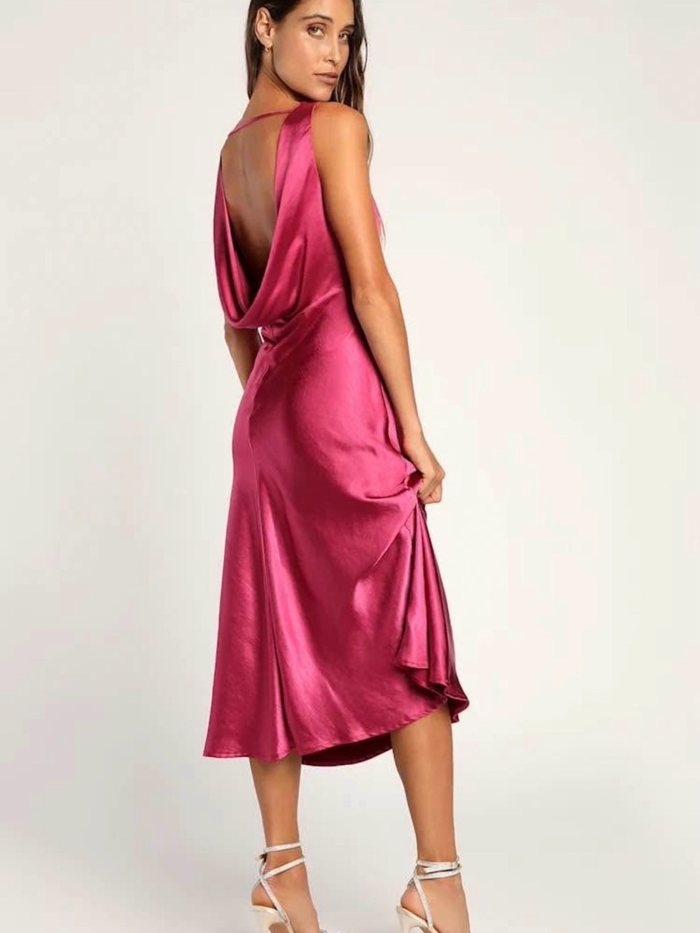 Lulu's Fuchsia Satin Cowl-Back Midi Dress